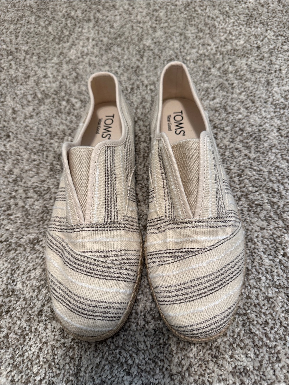 TOMS Cream and Black Striped Slip-On Espadrilles